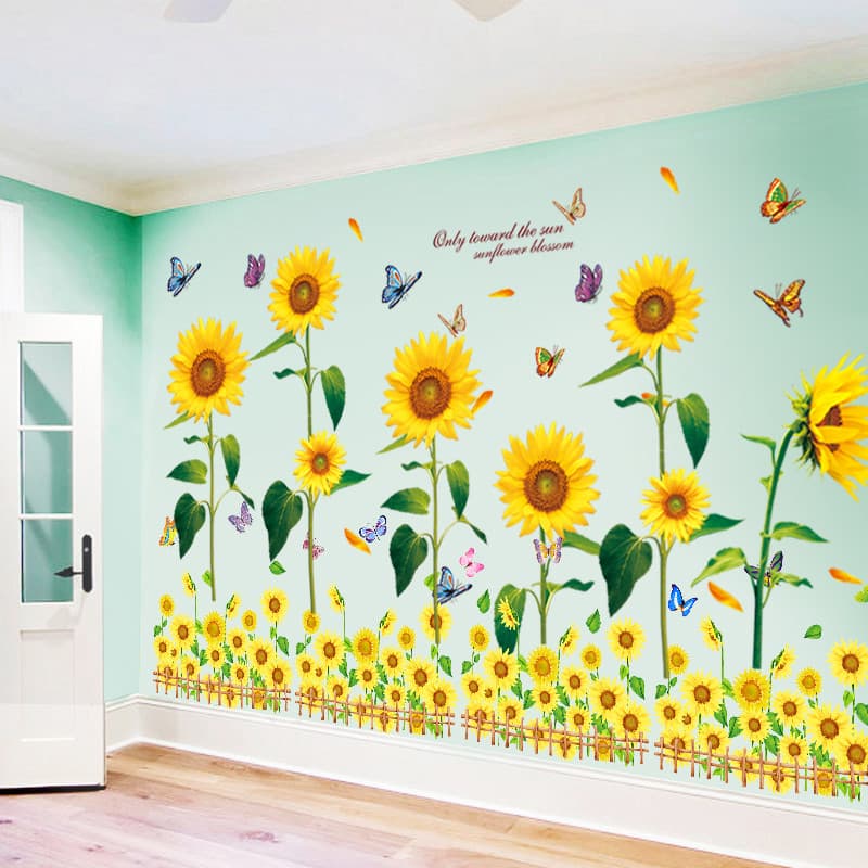 Adesivos de flor de girassol quente sala de estar fundo adesivos de parede quarto cabeceira papel de parede auto-adesivo