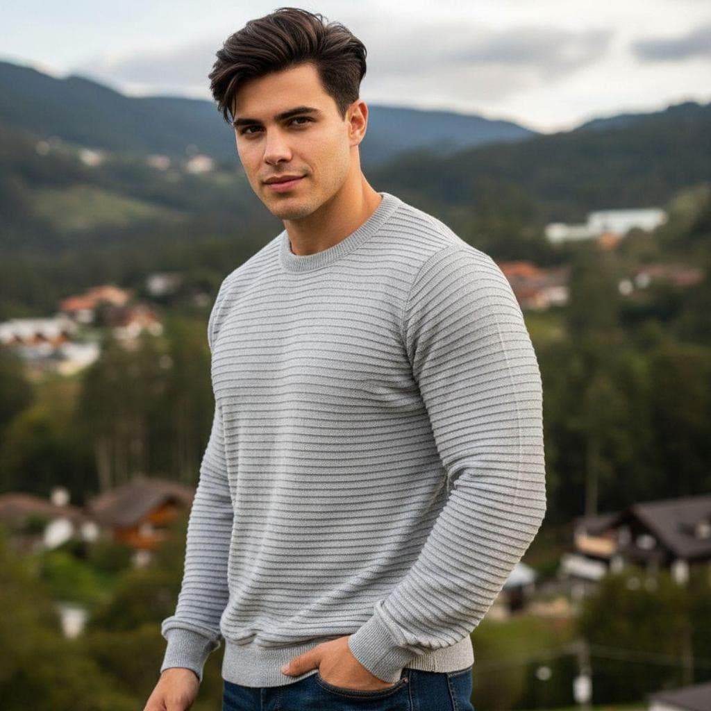 Blusa Masculina Tricô Canelado Gola Redonda Premium Suéter Casual Confortável Inverno Elegante