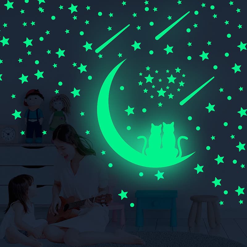 Lua casal gato luminoso adesivo de parede estrela ponto meteoro fluorescente dos desenhos animados adesivo dia dos namor