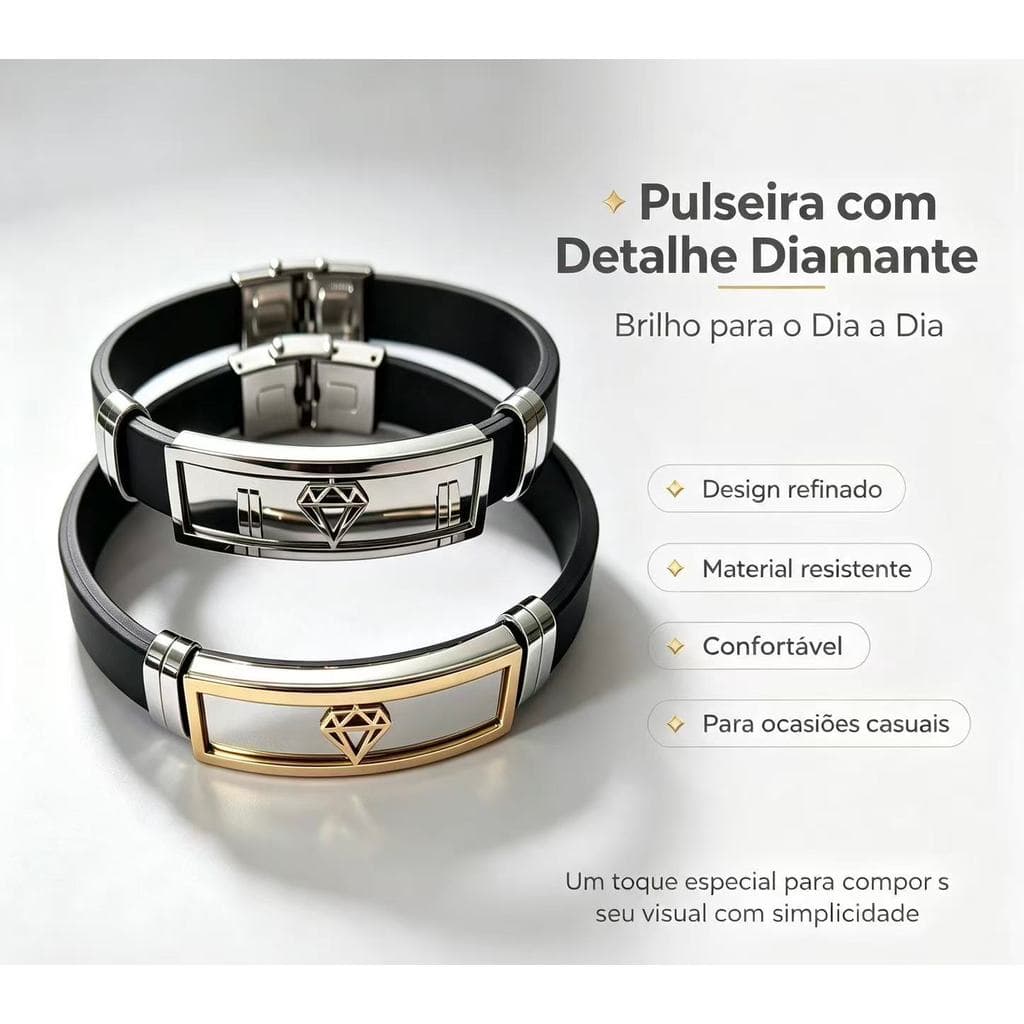 Pulseira masculina de silicone, aço inoxidável, padrão diamante, 22 cm, um presente para pai, marido ou namorado.