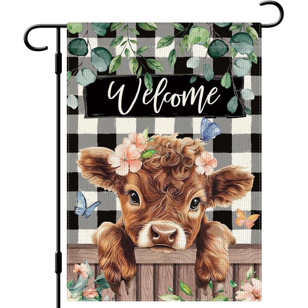 DLZDN Bandeira de Jardim com Vaca Highland 'Bem-vinda Primavera' 12×18 Polegadas, Dupla Face, Vertical, de Juta, para Qu