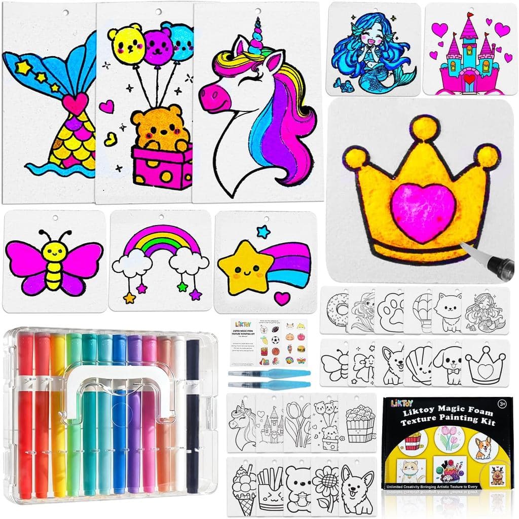 Kit de Pintura com Textura Mágica de Espuma Liktoy para Meninas, Kit de Artesanato Infantil com 78 Peças, Folhas de Text