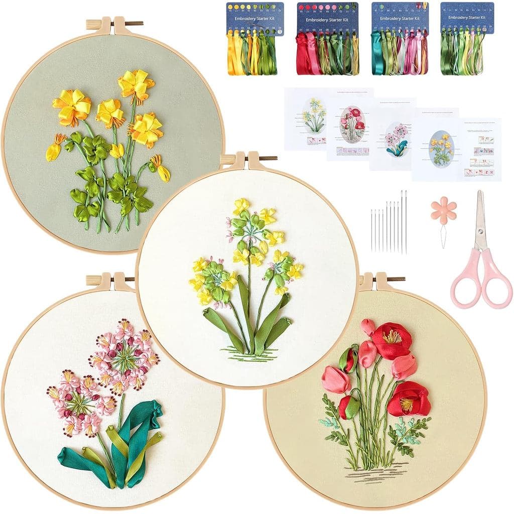 LOMOHOO 4 Sets Ribbon Flower Embroidery Kit for Beginners, Needlepoint Stamped Cross Stitch Starter Kits, Stitch Learnin