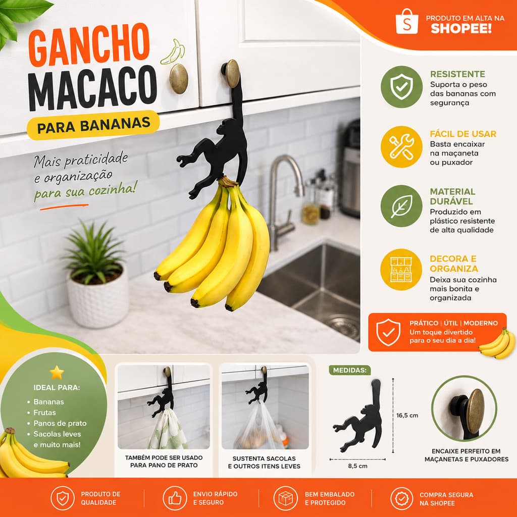 Suporte de Banana Macaco Decorativo Porta Frutas Cozinha Criativo e Divertido