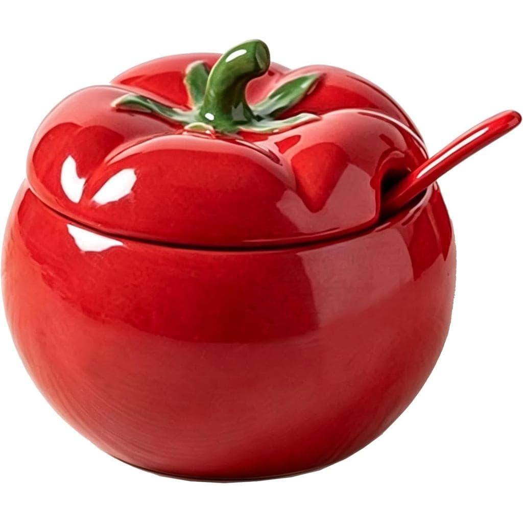Pote de Açúcar 123Arts em Cerâmica com Formato de Tomate, Pote para Especiarias com Colher