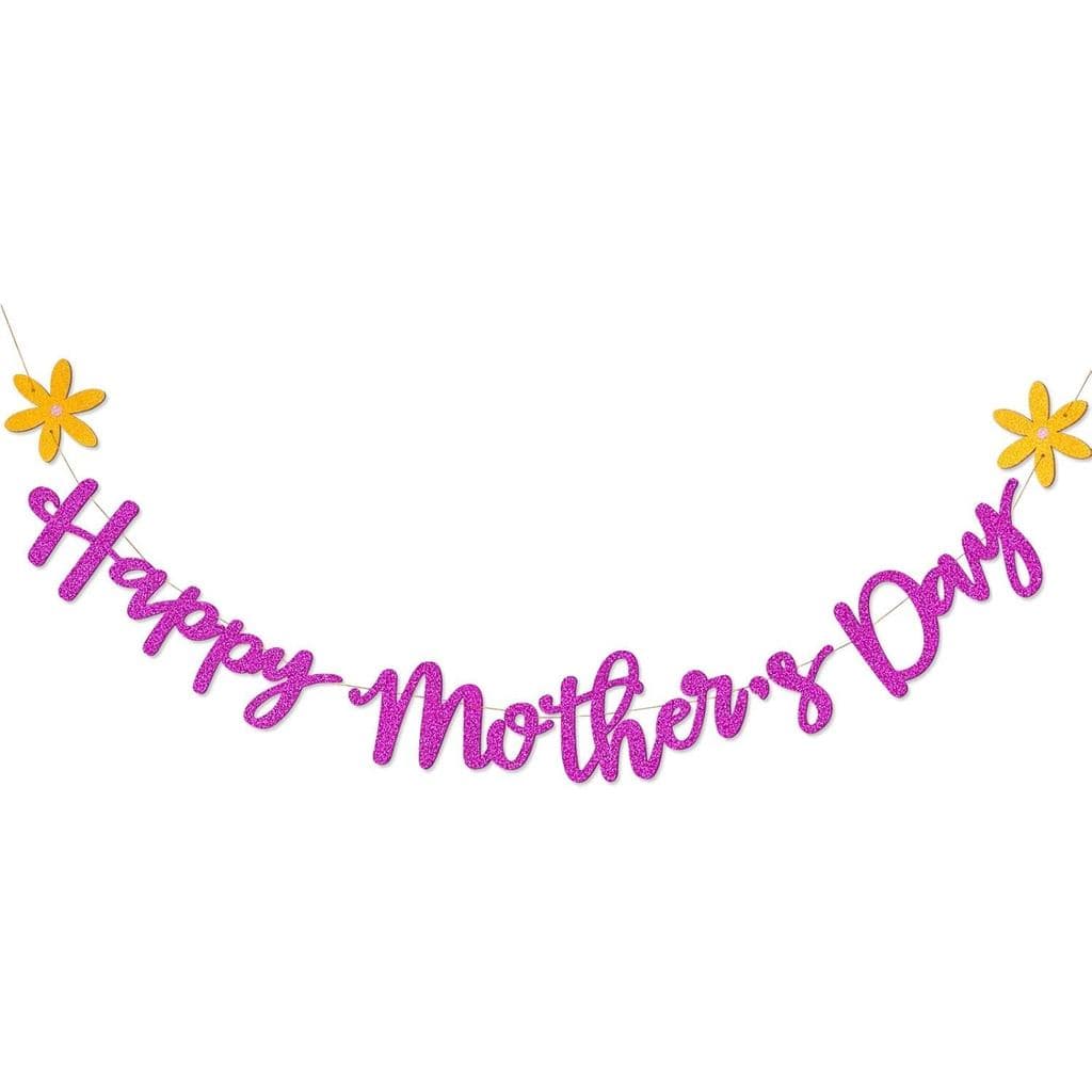 Faixa Decorativa Pré-Montada para o Dia das Mães - Decoração Suspensa com Glitter Roxo e Flores, Artigos para Festa do D