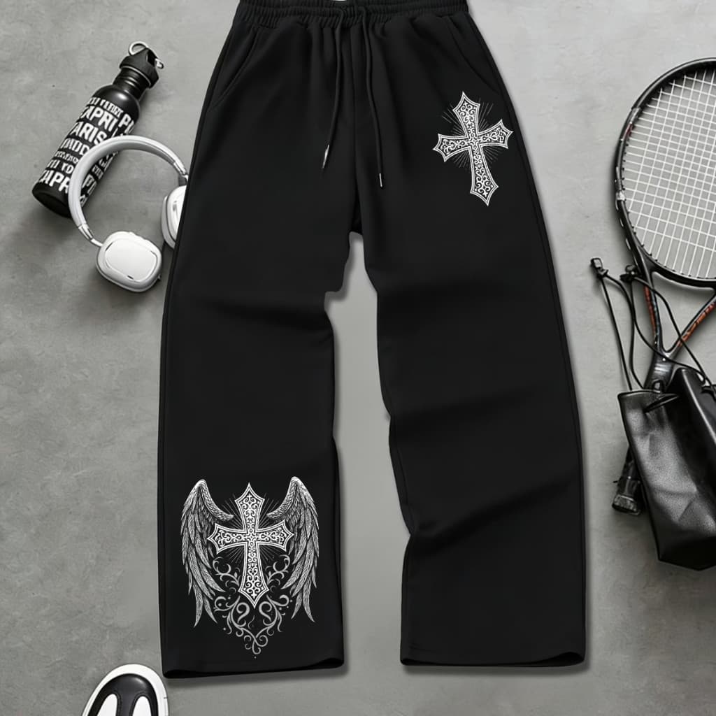 Calça Wide Leg Masculina Streetwear Oversized Preta Cruz Gótica Asa Estampada Baggy Casual Hip Hop Premium
