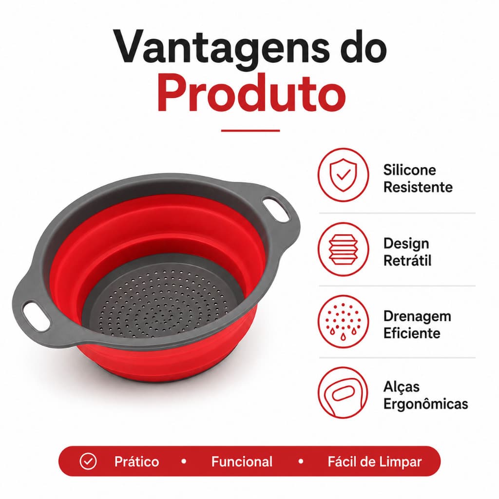 Escorredor redondo retrátil e dobrável de silicone multiuso para legumes, frutas, arroz e massas