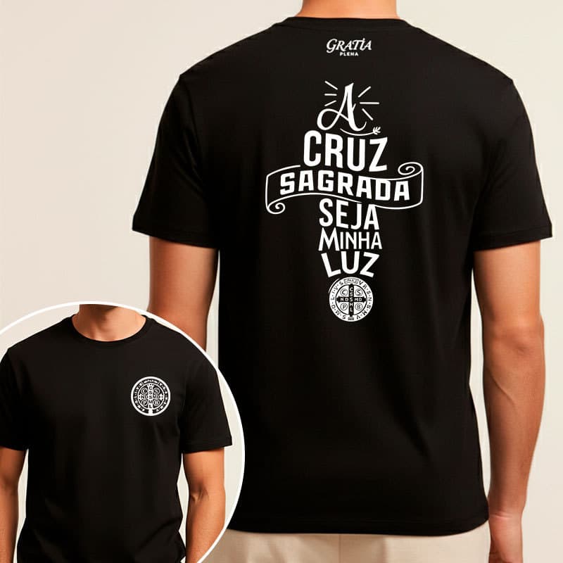 Camiseta Oração de São Bento Cruz Sagrada Fé Católica Unissex Algodão Premium