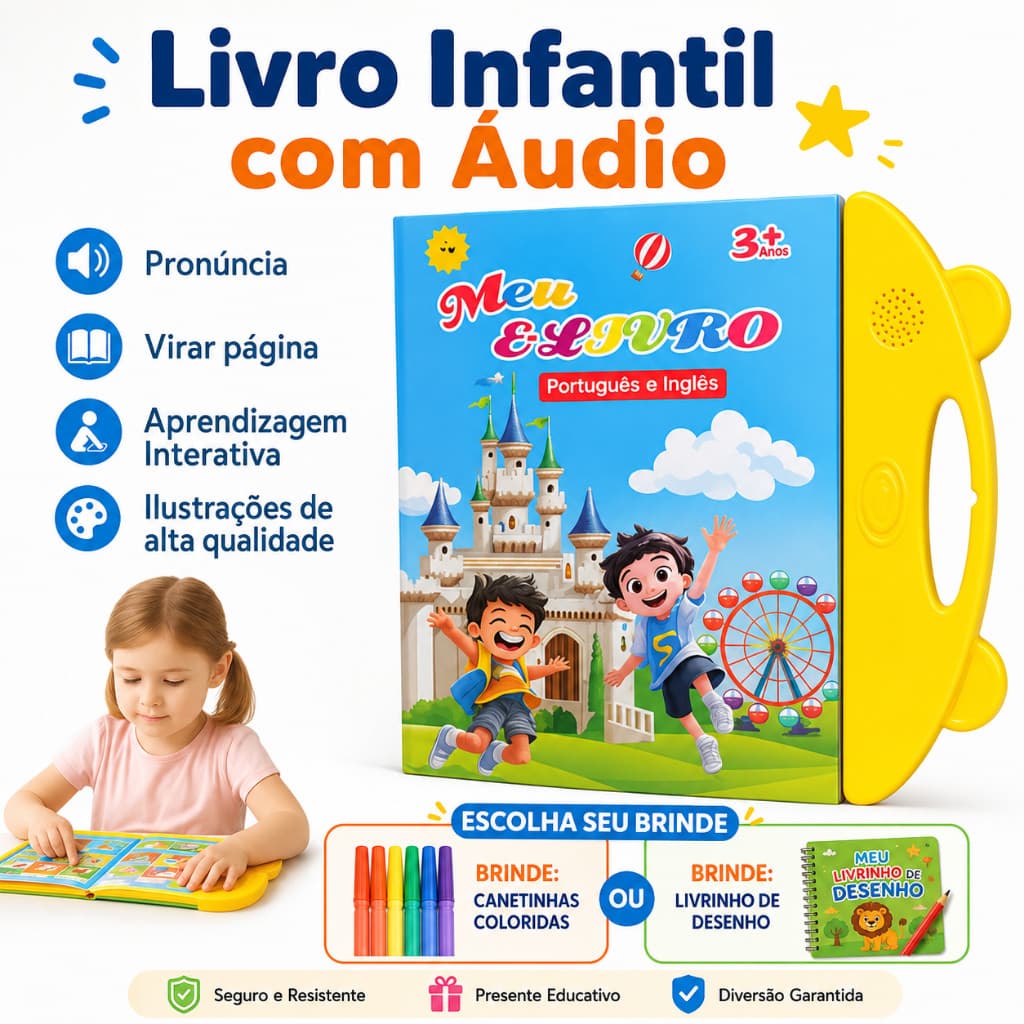 Livro Interativo com Som Infantil Bilíngue Português Inglês Multi Temas Toque Educativo Aprendizagem