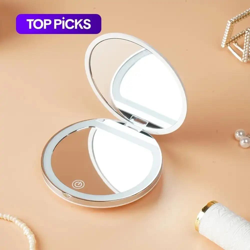 Espelho de Maquiagem Portátil e Dobrável, 1 Espelho de Maquiagem Glam para Viagem com Luz LED, Espelho Compacto para Mul