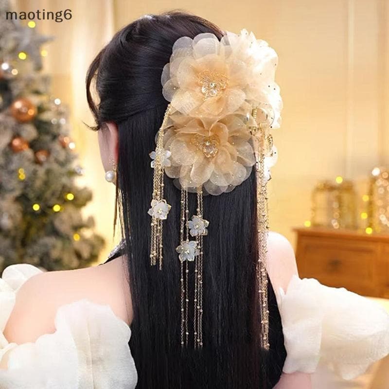 Grampo De Cabelo Elegante Flor De Lótus Com Borlas De Lantejoulas Para Mulheres E Meninas