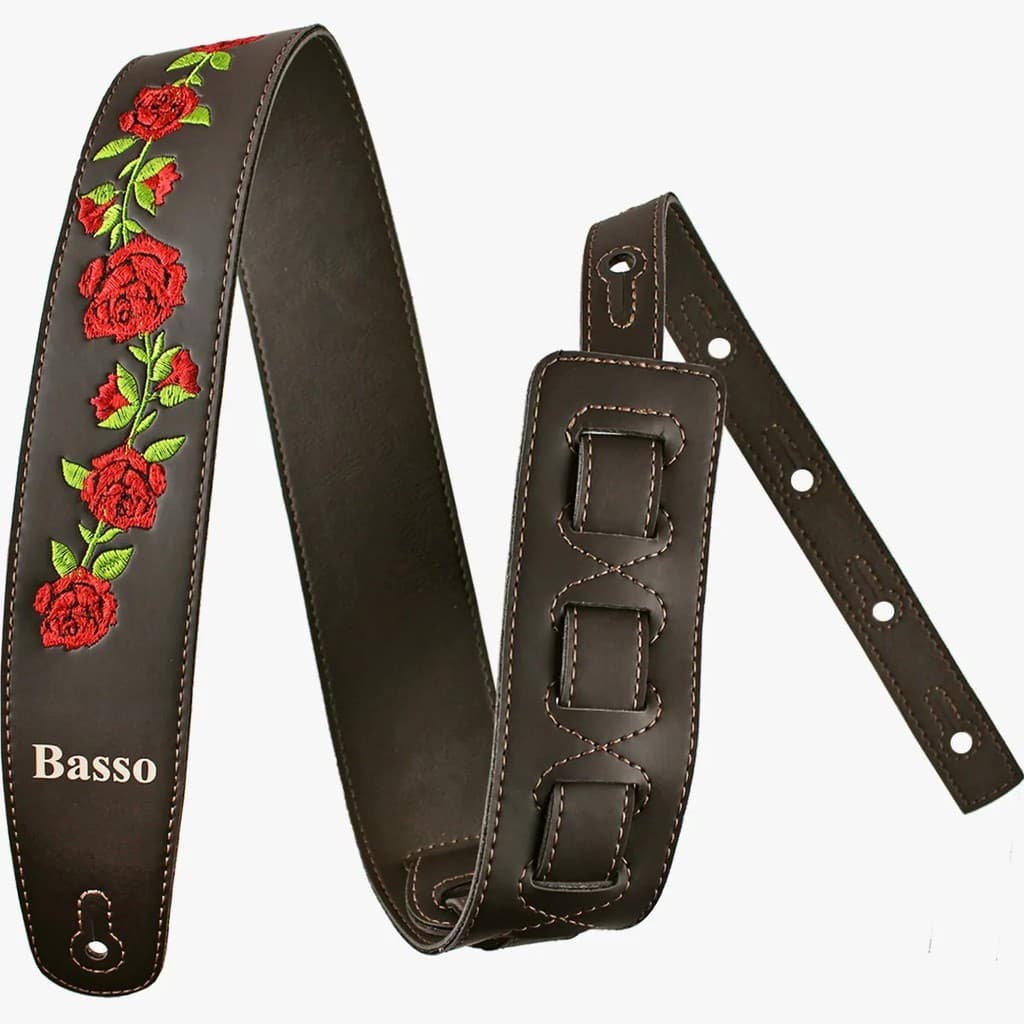 Correia Alça Guitarra Violão Baixo Basso Sintético Marrom Bordado Rosas Ajustável 92 à 145cm VT FL 2