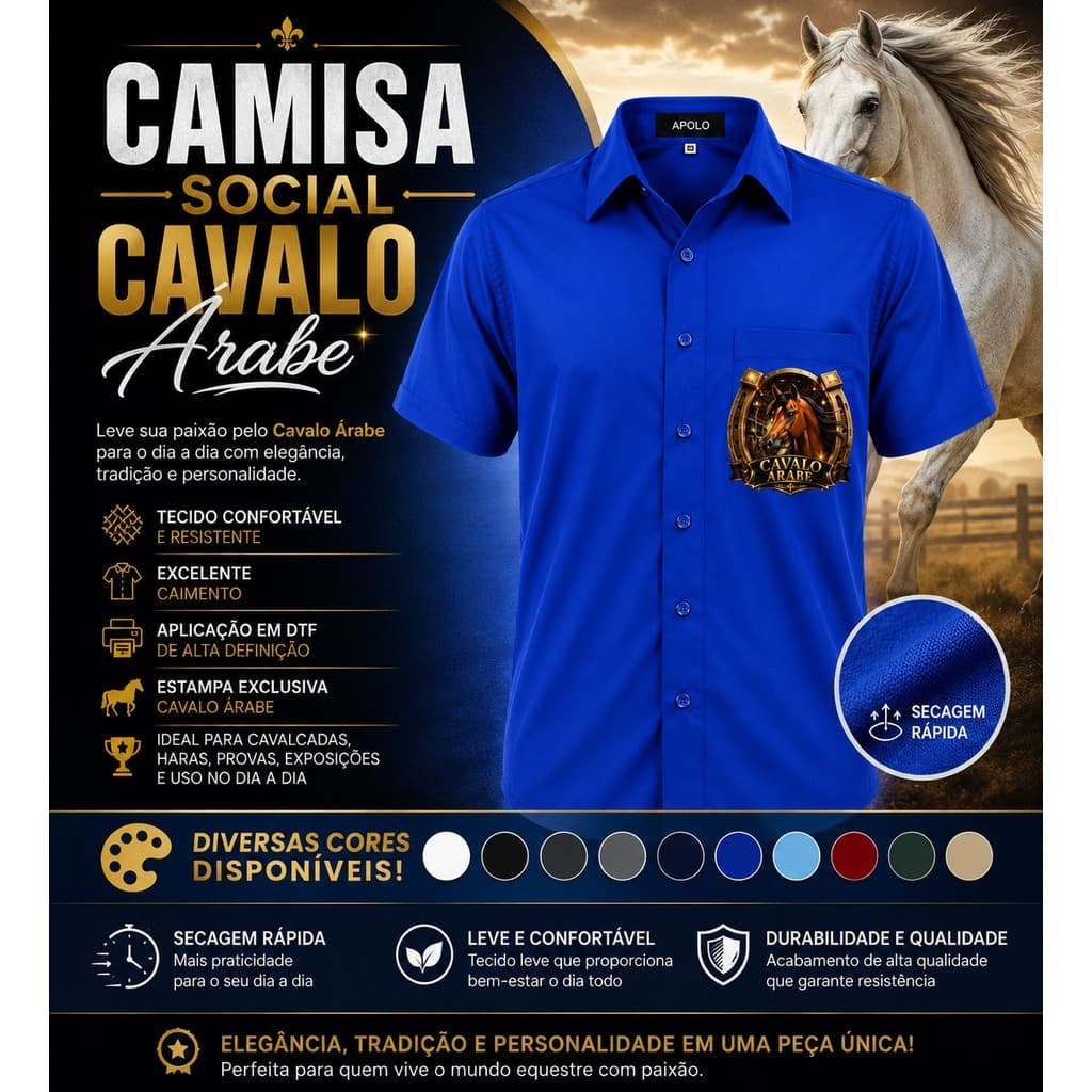 Camisa Social Personalizada Cavalo Árabe Microleve