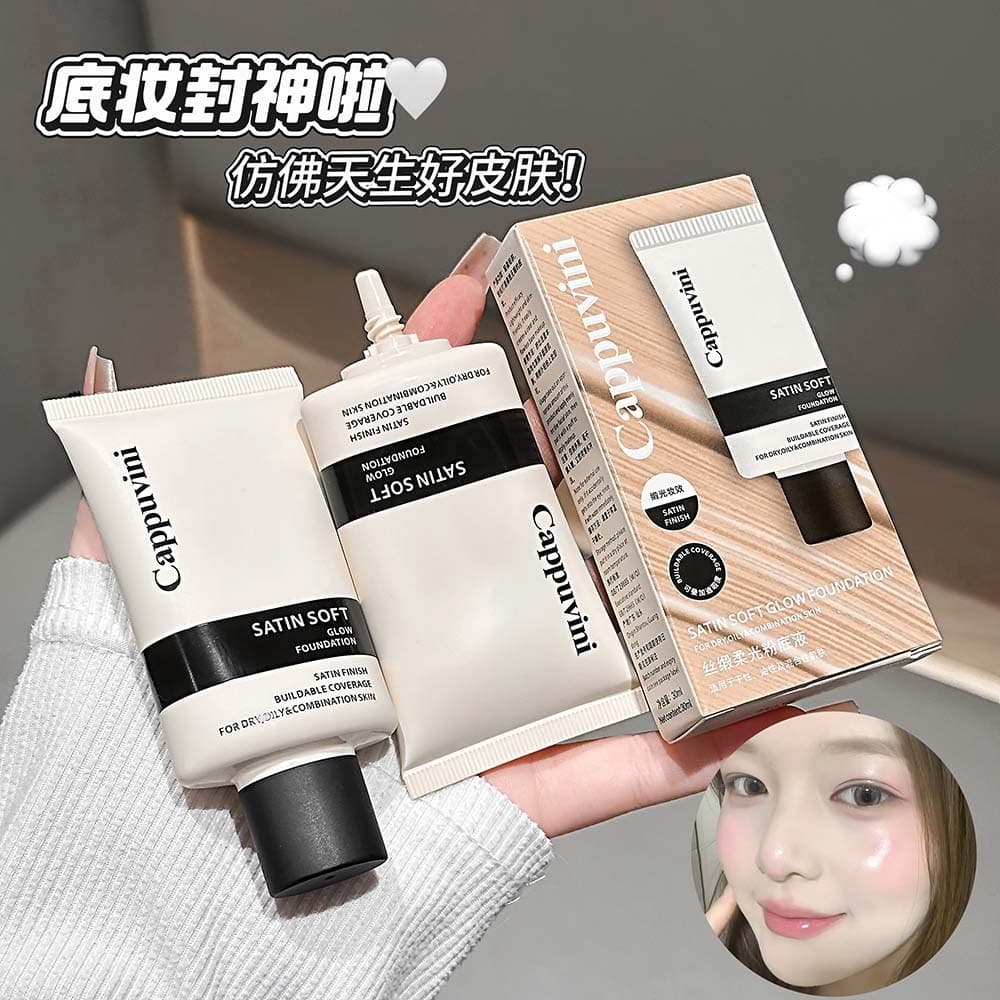 A Base Silky Satin Soft Glow da CAPPUVINI é hidratante, delicada e translúcida, proporcionando cobertura e uma tez radia
