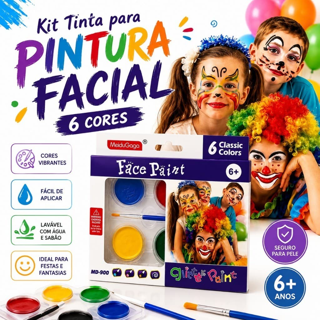 Kit Tinta para Pintura Facial 6 Cores com Pincel Lavável para Festas Fantasias Carnaval Infantil e Eventos