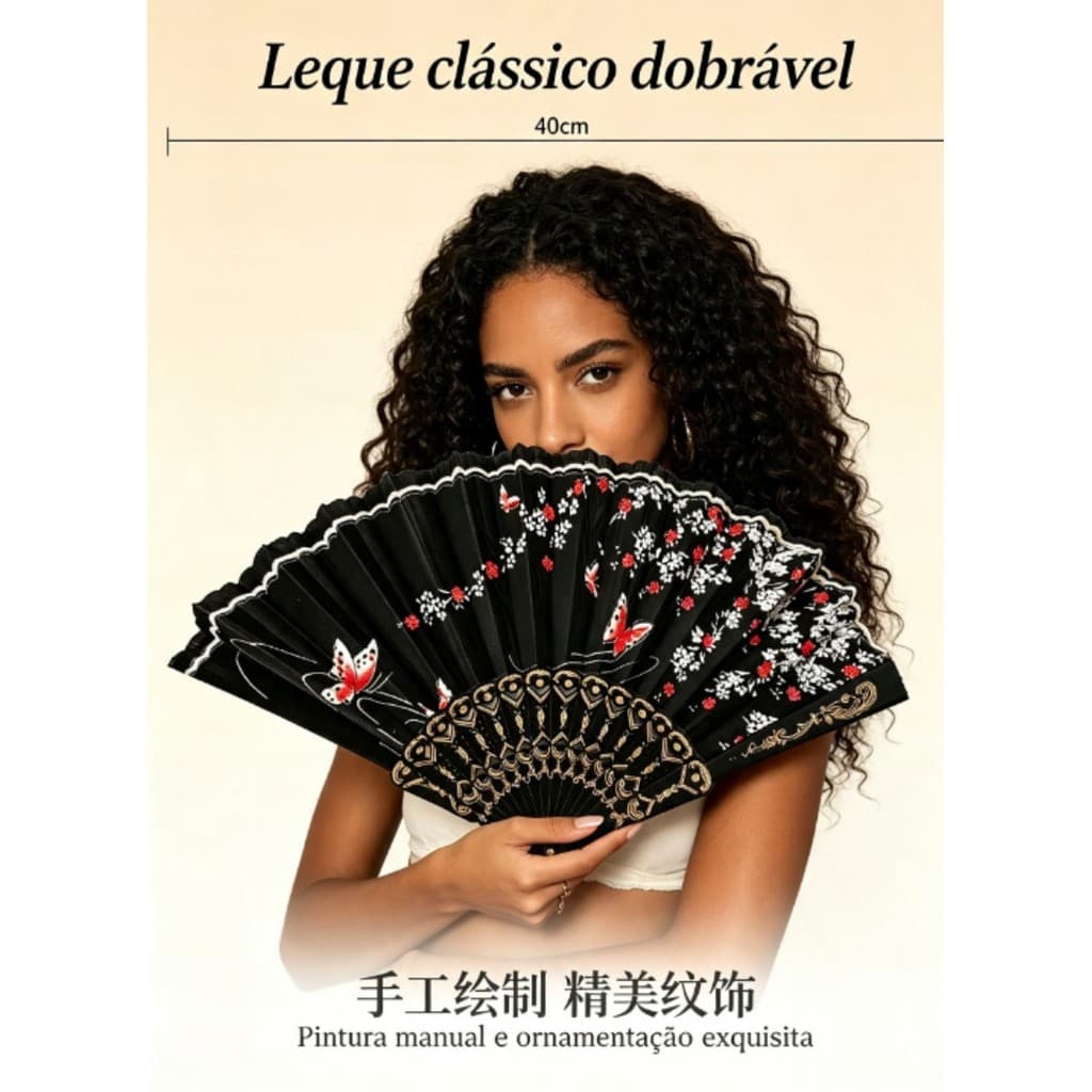 Leque Decorativo Estilo Oriental 40cm — Elegante e Resistente
