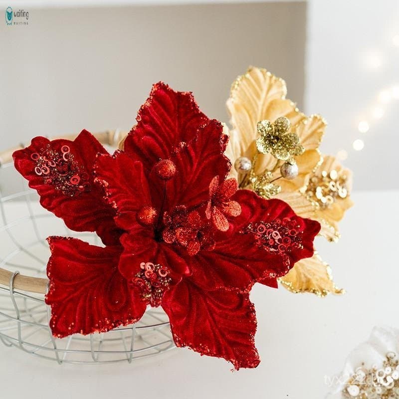 Flor De Decoração De Árvore De Natal De 22 Cm-Lantejoulas De Flanela Champanhe Dourada Para O