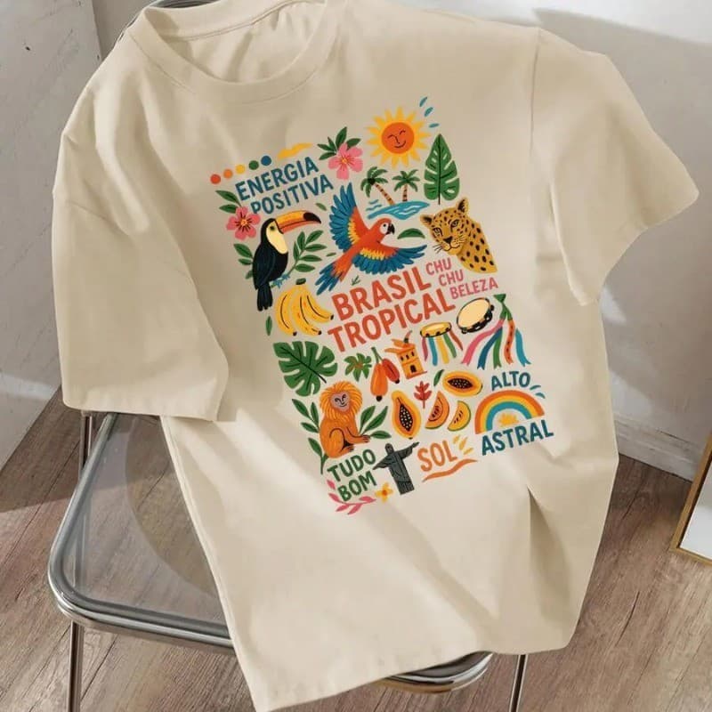 camiseta tshirt 100% algodão gola redonda estampa primavera verão tendencia em moda feminina inspiração