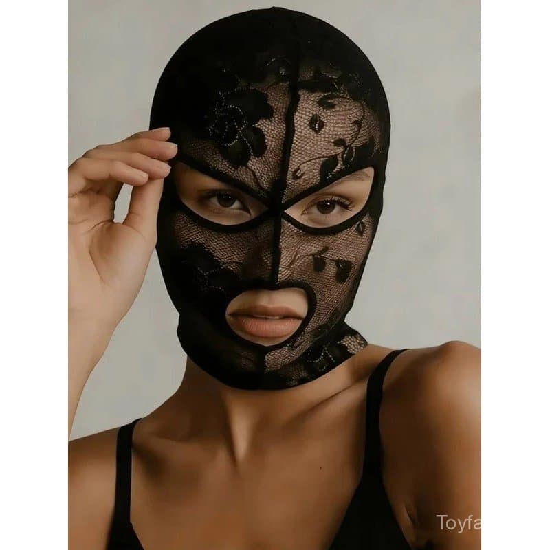 Máscara Unissex de Renda Gótica Veneziana para Rosto Inteiro com Aberturas para Olhos e Boca, Touca de Malha Preta