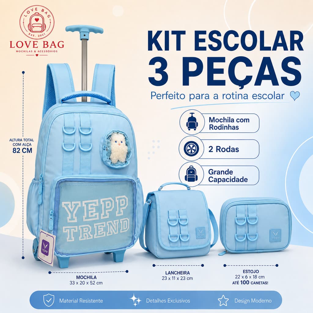 Kit Escolar 3 em 1 Mochila Frente em PVC transparente Gatinho fofo com Rodinhas Bolsa Tiracolo Estojo Feminina