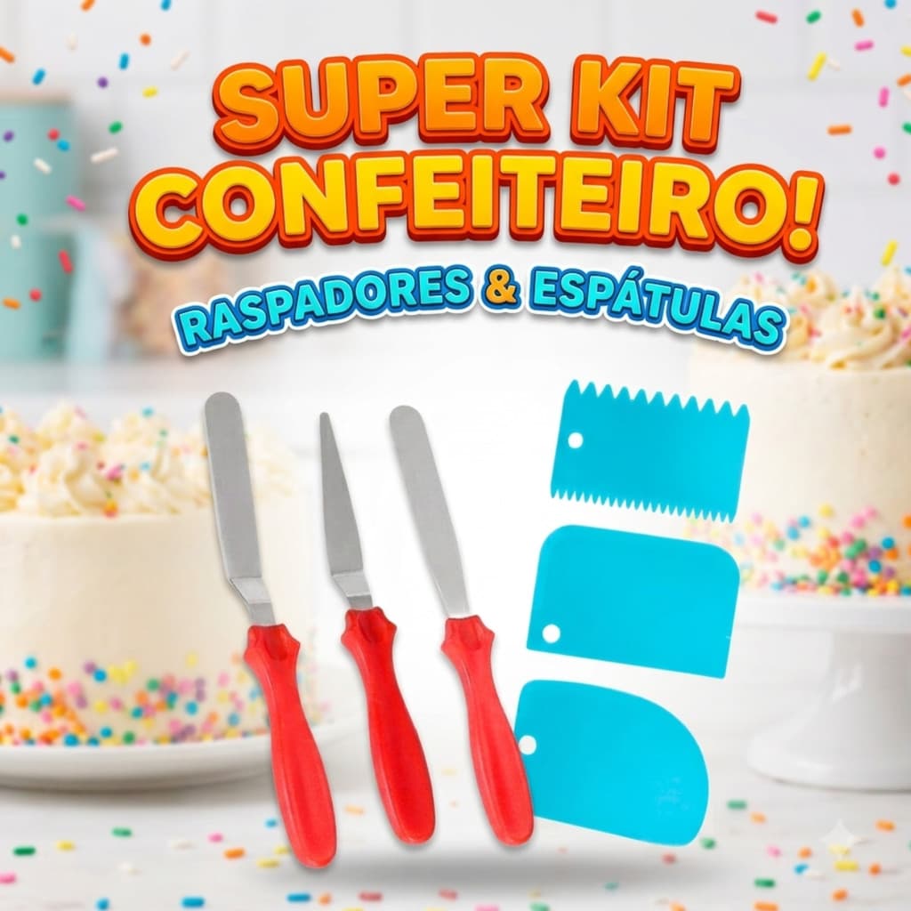 Kit 3 Espátulas Inox + 3 Raspadores Plástico Confeitaria Decorar Bolo Torta Chantilly Glacê Doces