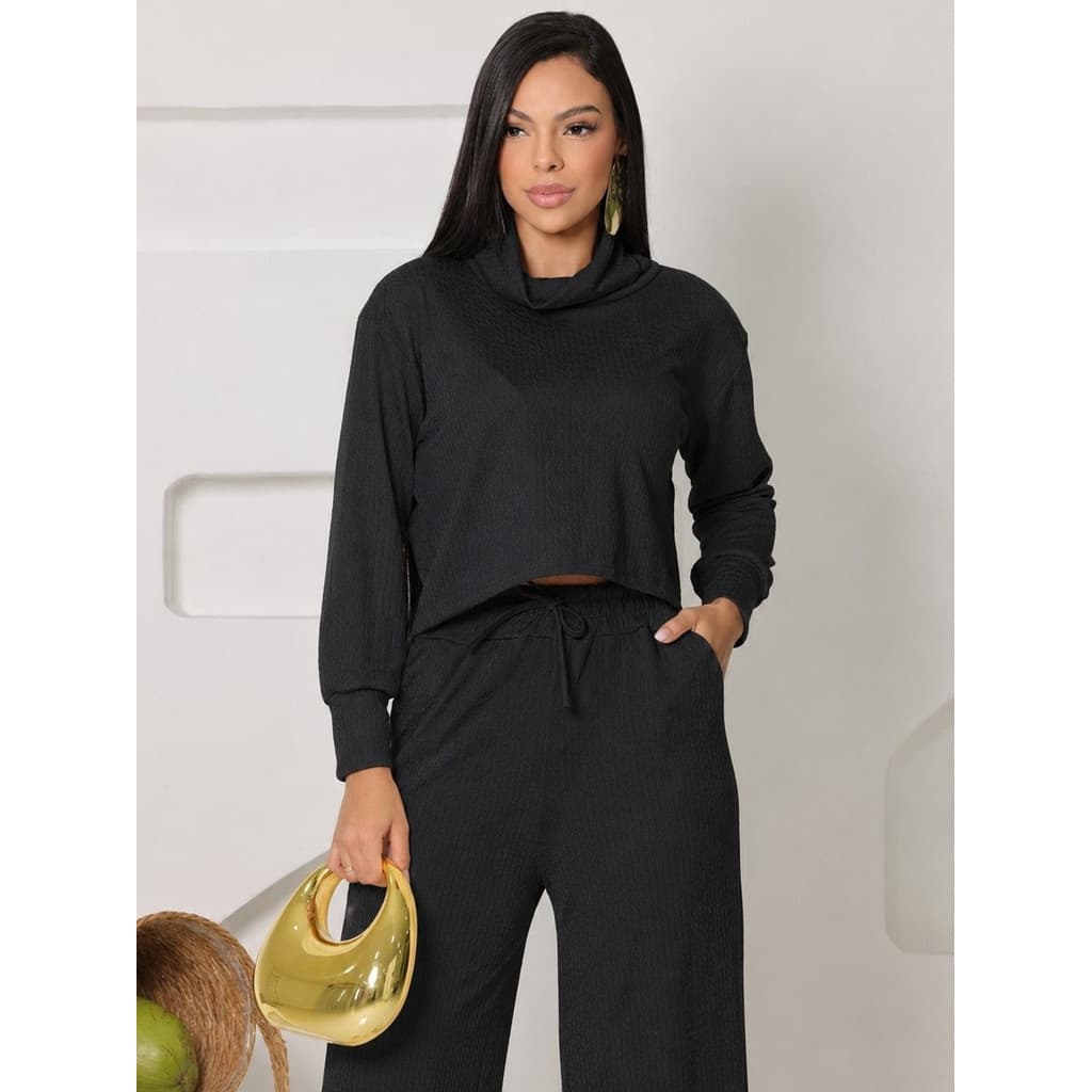 Conjunto Feminino Calça Pantalona Wide Leg Cintura Alta Blusa Cropped Manga Longa Casual Elegante