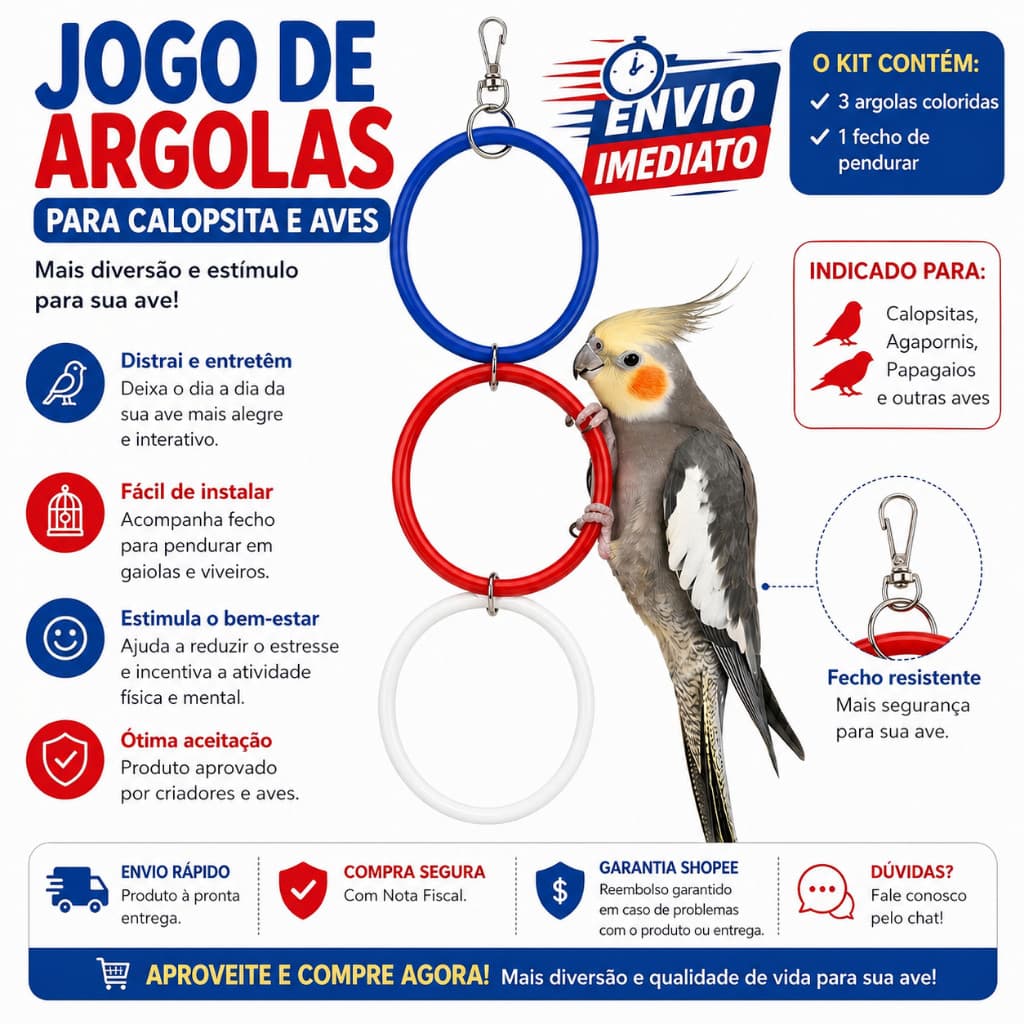 Jogo de Argolas para Calopsita e Pássaros Brinquedo Interativo com Fecho para Gaiola Envio Imediato
