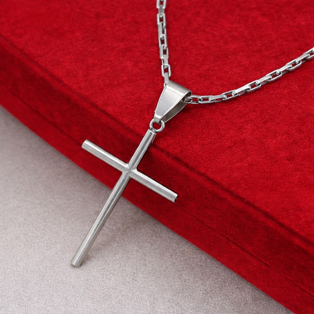 Corrente Tijolinho Masculina Prateado  Aço Inox Legítimo com Pingente Cruz Palito