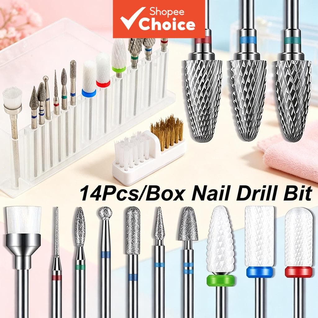 Kit de 14 peças - Conjunto de Brocas para Unha para Remoção de Gel, Limpeza de Cutículas, Modelagem, Acessórios para