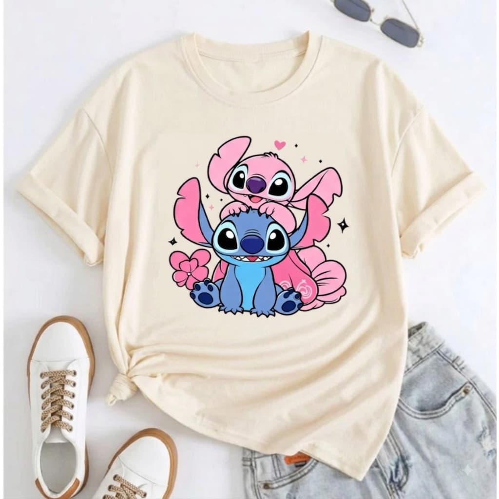 Camiseta Infantil Menina Stitch e Angel Amor Love Coração Camiseta Blusa Juvenil Algodão Premium Criança