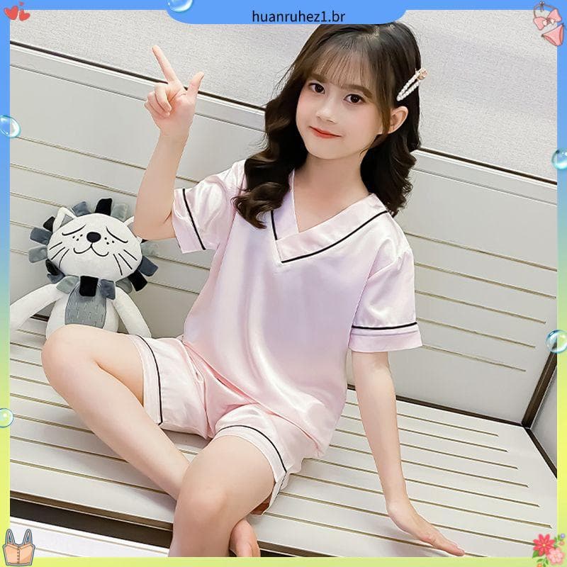Roupas de casa para crianças grandes verão versão coreana pijamas de manga curta para meninas conjunto solto novo estilo