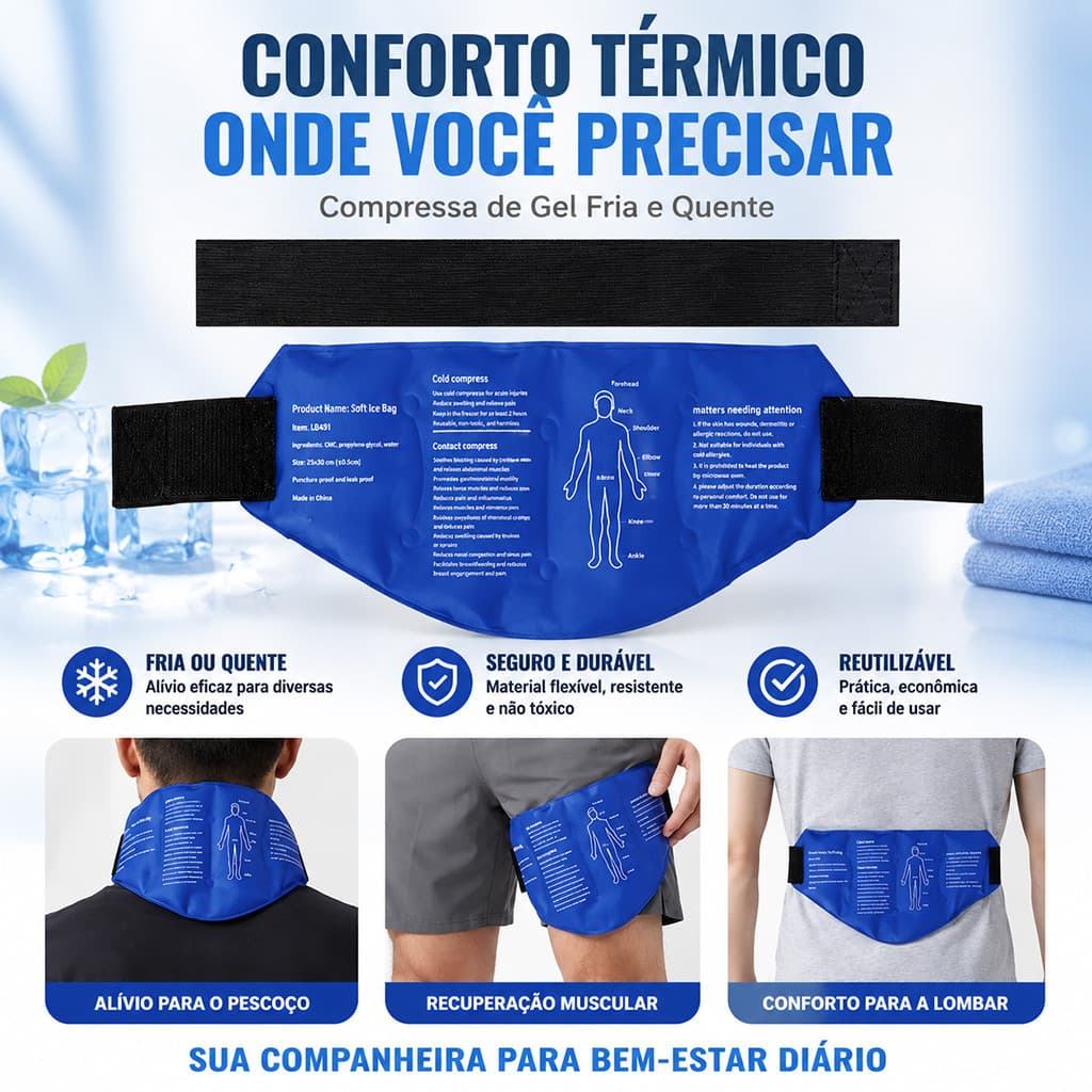 Bolsa Térmica Gel Compressa Quente Fria Reutilizável Com Faixa Alívio Cólica e Dores Corporais