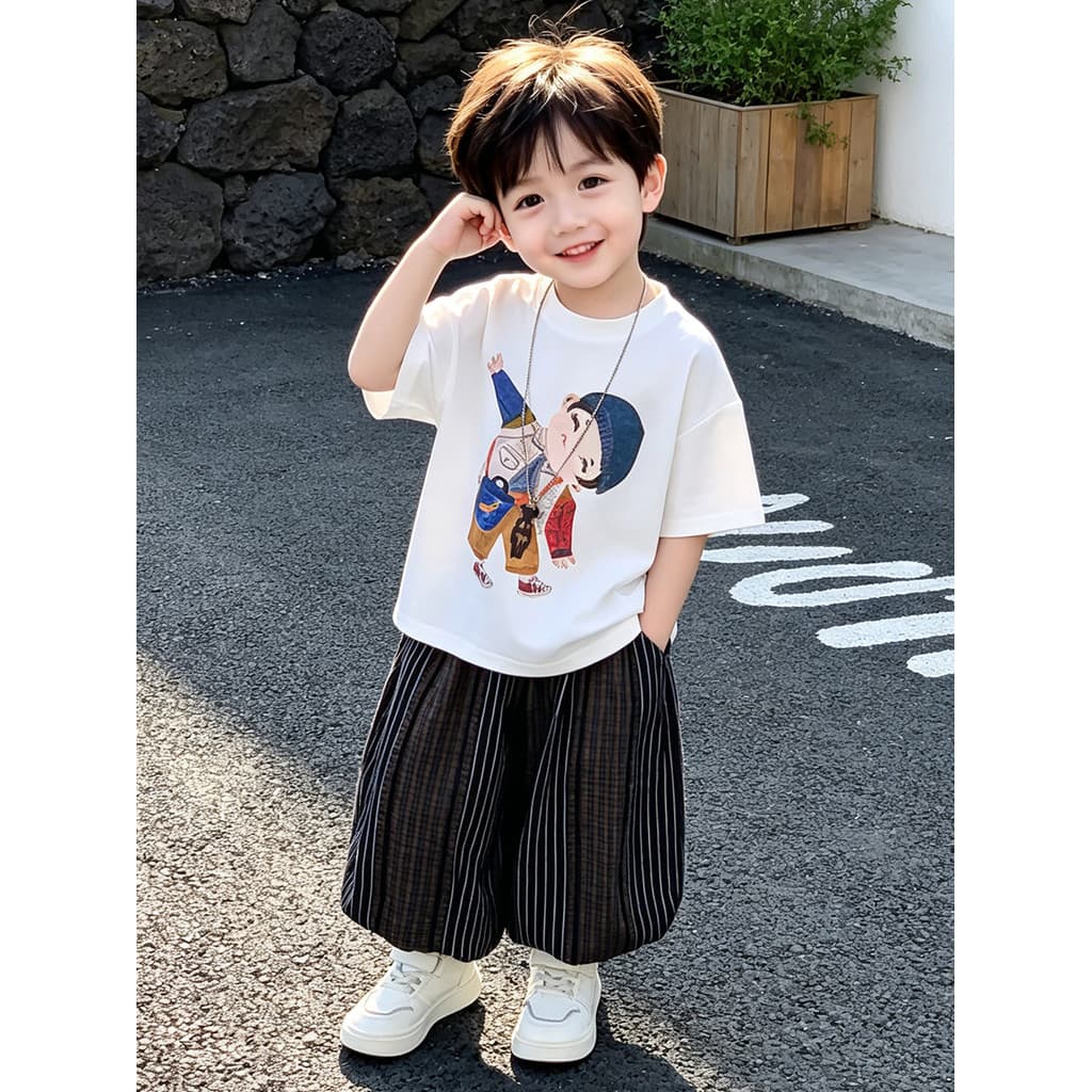 Crianças terno 2026 novo estilo meninos roupas de verão meninos bebê camiseta calças Mosquito calças compridas soltas ca