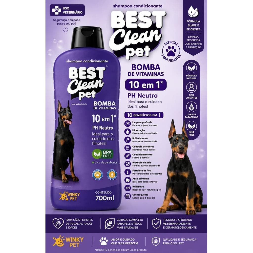 Shampoo Condicionante Pet Bomba de Vitaminas 10 em 1 700ml pH Neutro - Best Clean Pet