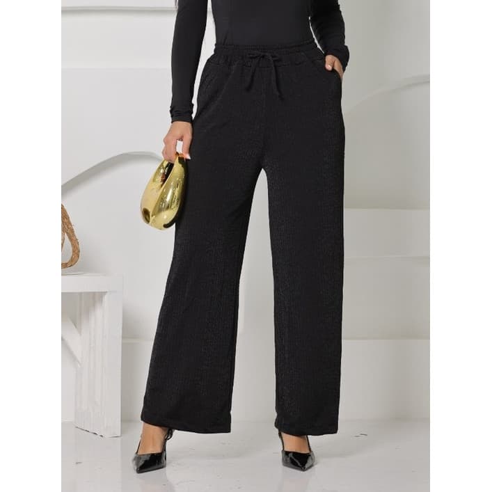 Calça Pantalona Wide Leg Cintura Alta Com Bolso e cordão falso Tecido Importado Texturizado Elegante