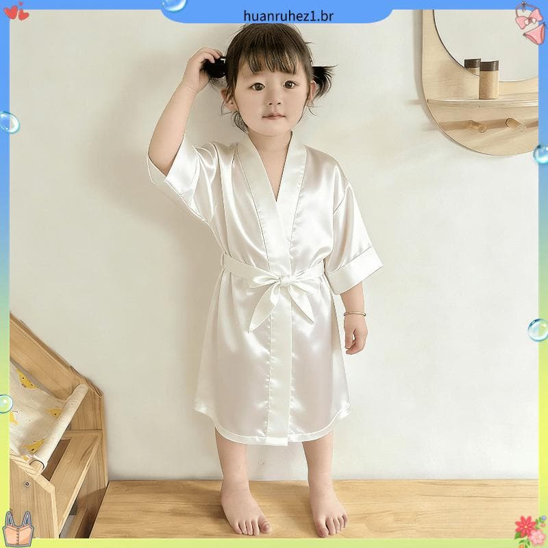 Pijamas infantis meninas primavera novo estilo cor sólida camisola solta simulação seda estilo fino pequeno médio grande