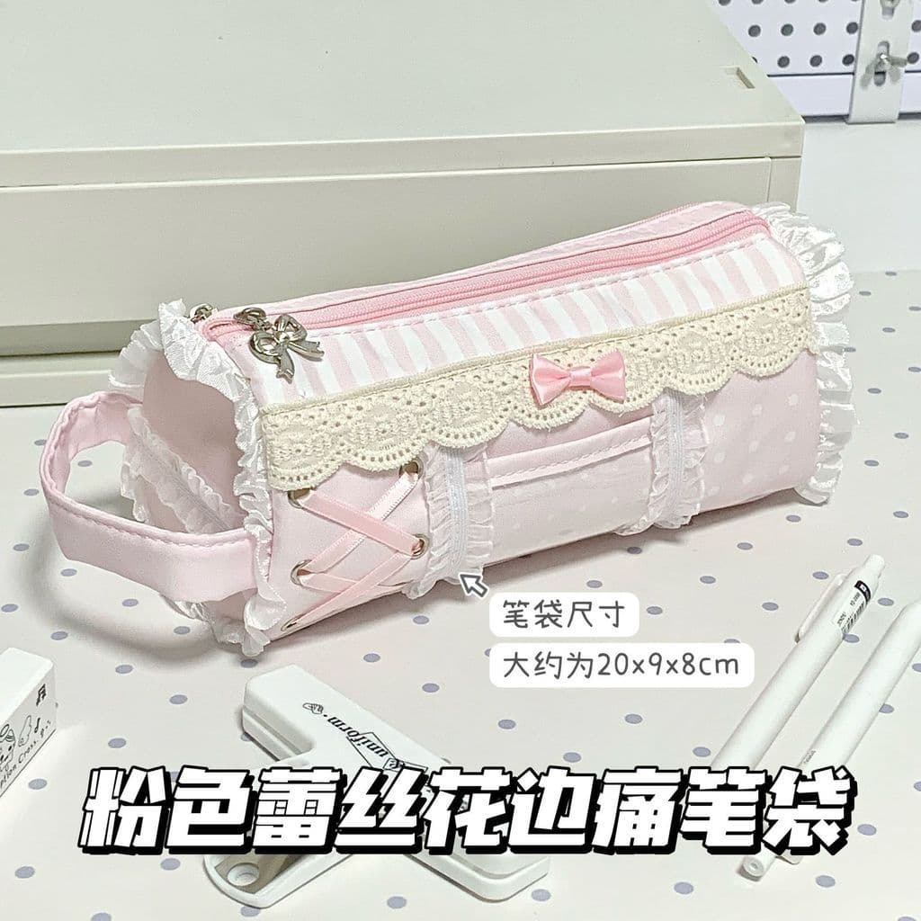 Novo estilo rosa renda menina lápis caso ins alto valor grande capacidade lápis caso estudante papelaria saco de armazen