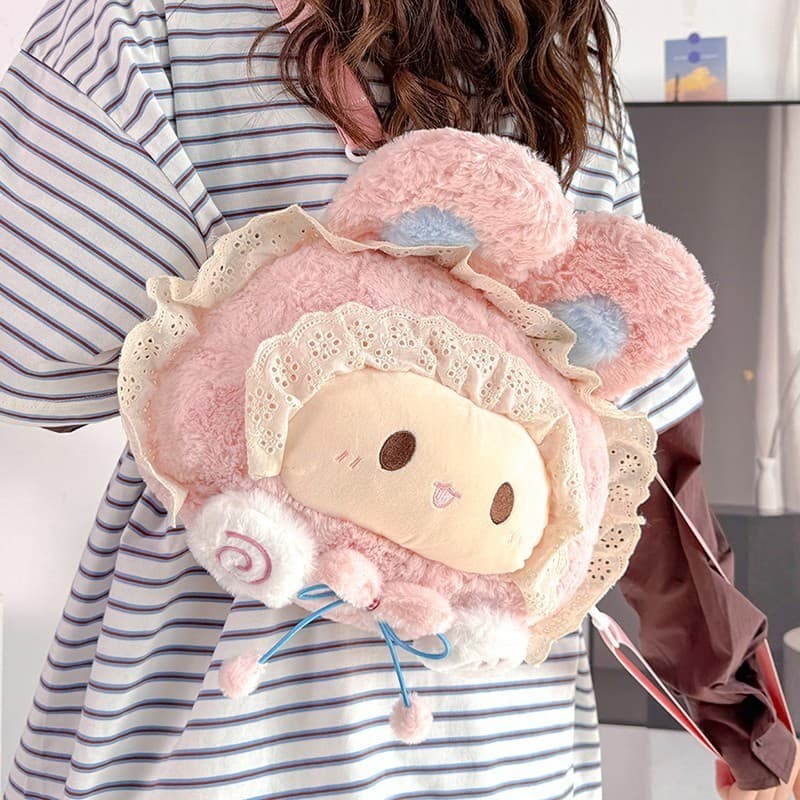 Mochila de cordeiro fofa de desenho animado, bolsa feminina de boneca de pelúcia, mochila de renda doce 0813