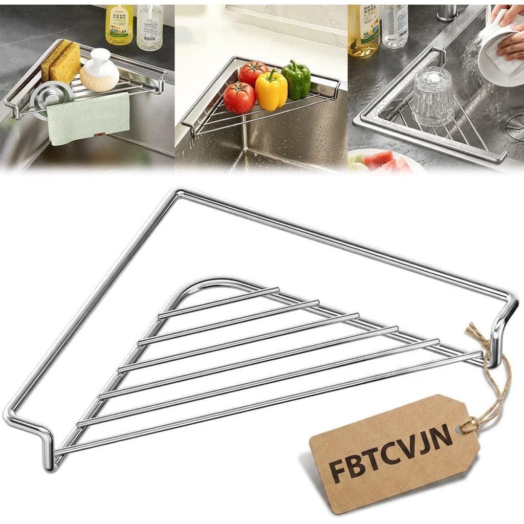 Prateleira de canto para pia em aço inoxidável com design de rack aberto triangular. |   Suporte de Secagem com Drenagem