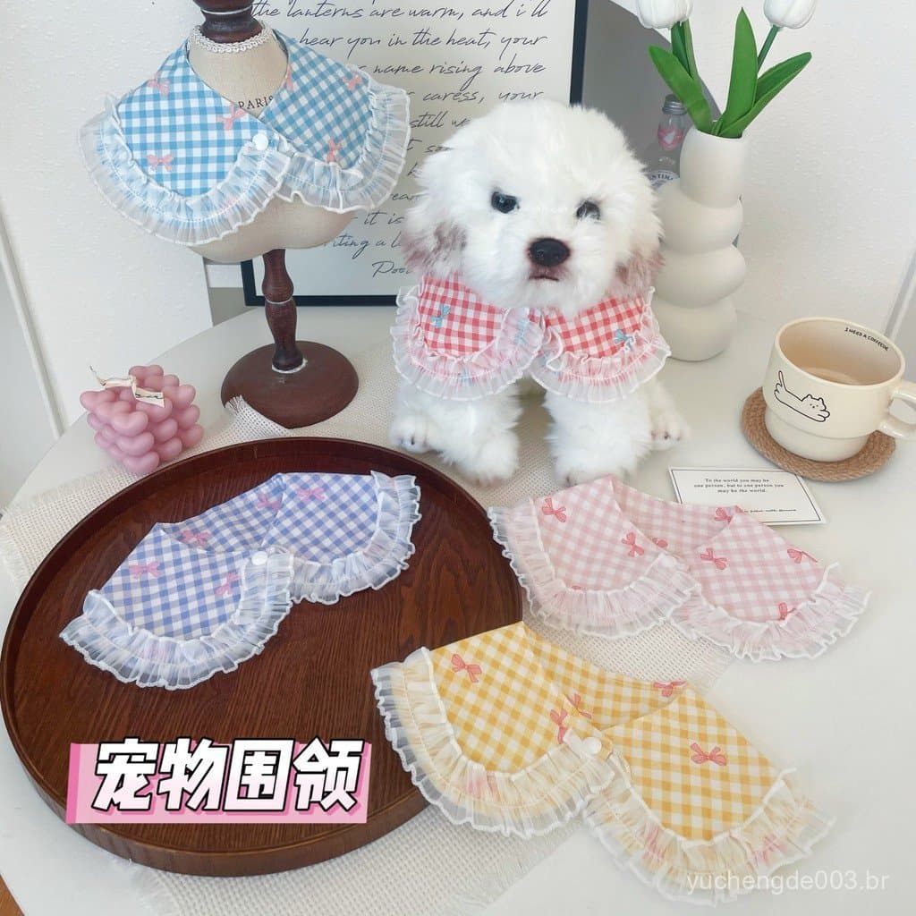 Coleira de renda com laço para gatos, adorável colar xadrez de princesa para cães, decoração fofa para animais de estima