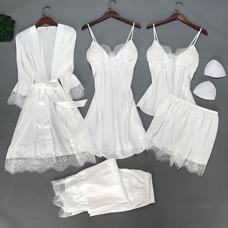 Conjunto de pijamas femininos estilingue seda gelo cinco conjuntos com almofada no peito renda fina tamanho grande Loung
