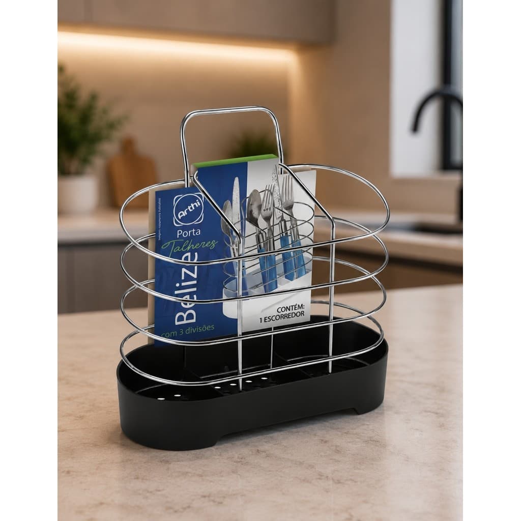 Porta Talheres Arthi Belize Cromado Suporte Cesto Organizador De Mesa Cozinha Base Preta