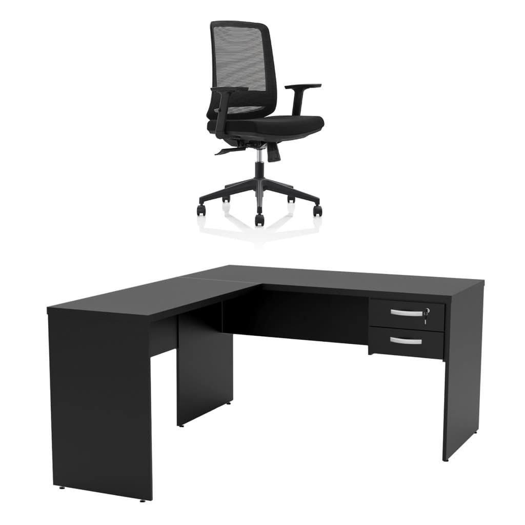 Mesa De Escritório em L 160x60cm Com  2 Gavetas + Cadeira De Escritório Ergonômica Reclinável
