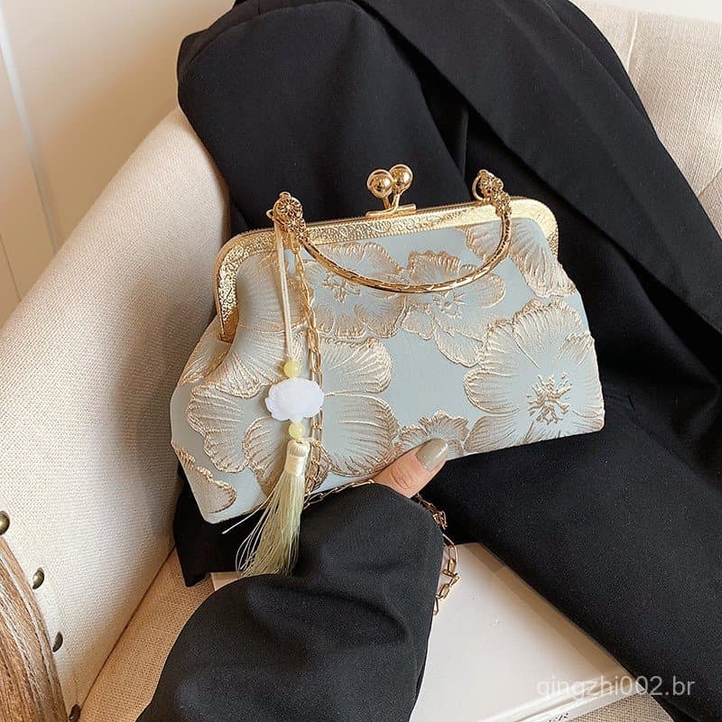 Bolsa de estilo chinês combinada com cheongsam e Hanfu, elegante padrão floral grande, de ombro único, transversal, bols