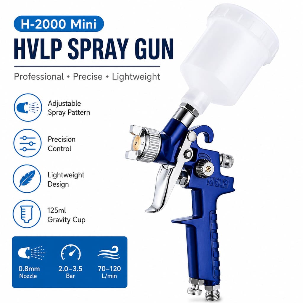 H-2000 Mini Pistola Pulverização Ar HVLP Profissional Bico Pintura Detalhe Retoque Ajustável Leve Resistente