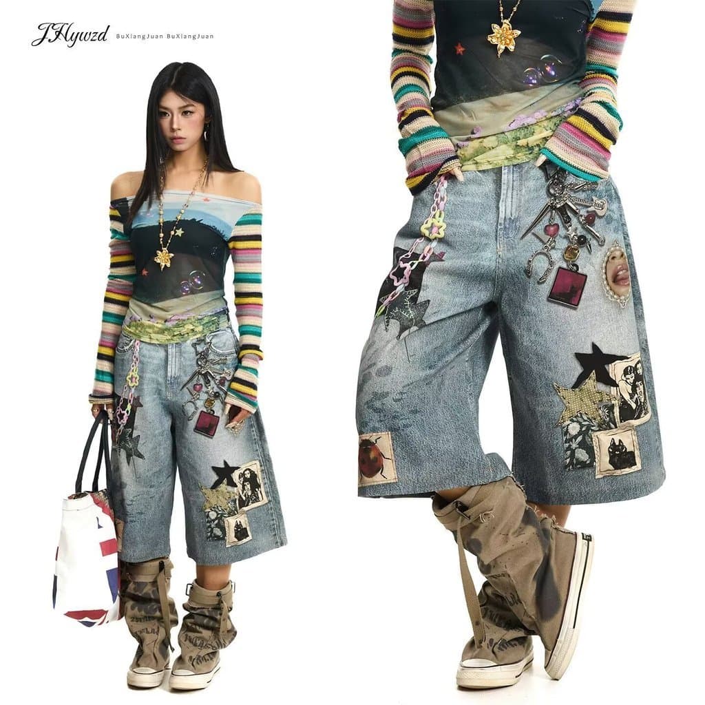 Estilo americano rua corrente impressa Jeans masculino feminino solto casual rua Wear casual Retro perna larga calças co