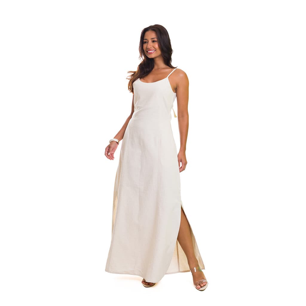 Vestido Longo Linho de Alcinha Com Amarração nas Costas e Elástico Elegante