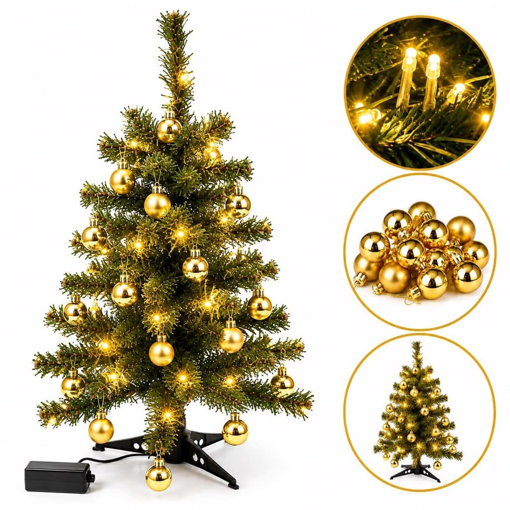 Árvore de Natal 60 cm Decorada Com Pisca Pisca e Bolinhas Decoração de Natal Decorativa