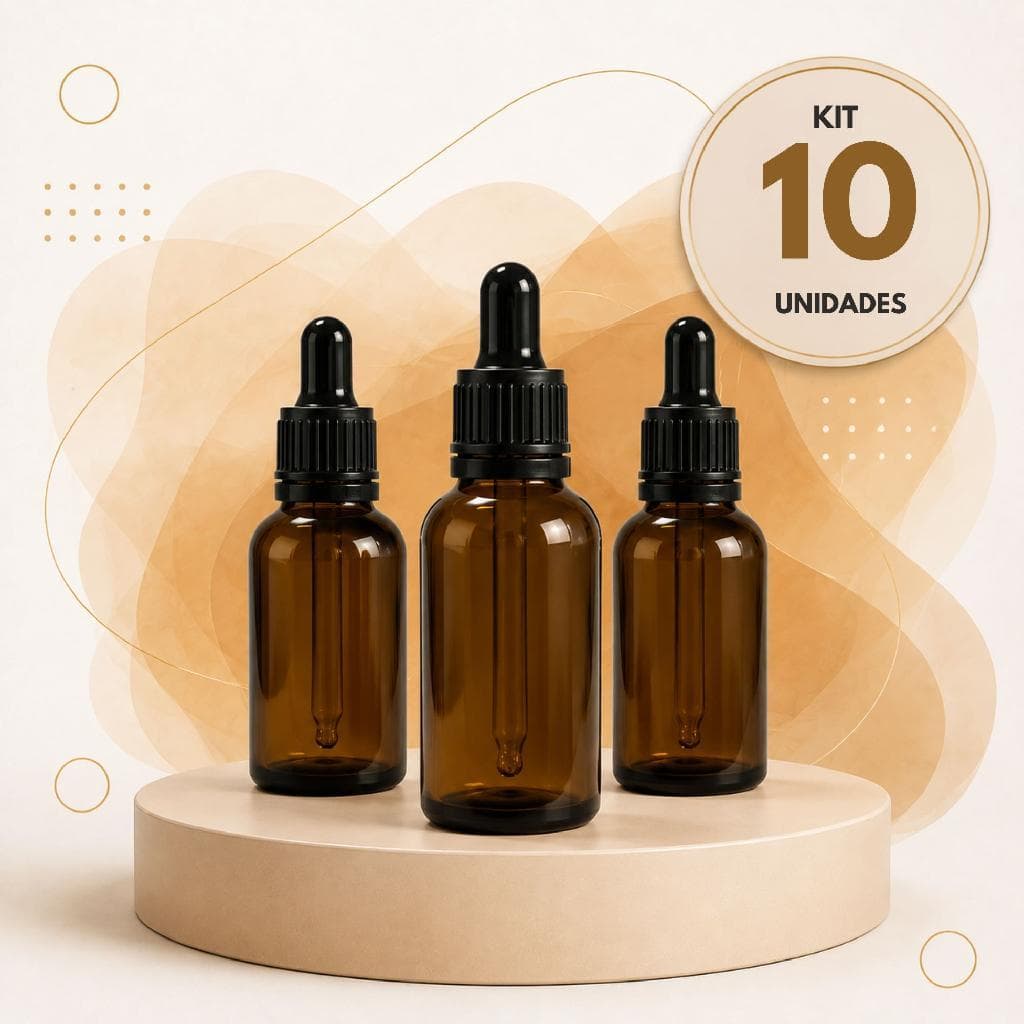 Frasco Gotejador Conta Gotas Vidro Âmbar 30ml Tampa Preta P/ Óleos, Séruns, Essências E Cosméticos - Kit 10 Unidades